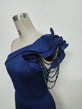 Women Lotus Leaf Shoulder Slash Shoulder Beaded Beaded Evening Dress
