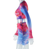 Women Printed Round Neck Long Sleeve Crop Top and Skirt Two Piece Set