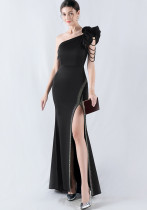 Women Lotus Leaf Shoulder Slash Shoulder Beaded Beaded Evening Dress