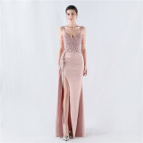 Women Beaded Flowered Fishbone Beaded Evening Dress
