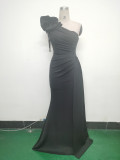 Women Beaded Flower Pleated Off-shoulder Split Evening Dress