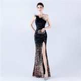 Women Ostrich Feather Beaded Evening Dress