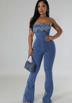 Women Casual Sexy Strapless Backless Adjustable Strap Denim Jumpsuit