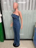 Women Casual Sexy Strapless Backless Adjustable Strap Denim Jumpsuit