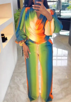 Women lantern sleeves Print swing collar top and wide-leg pants Two Piece Set Women lantern sleeves Print swing collar top and wide-leg pants Two Piece Set