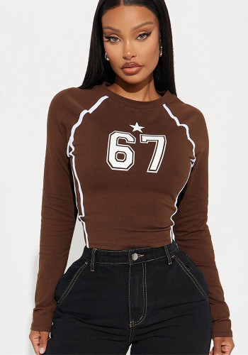 Women autumn sports elastic printed long-sleeved Top