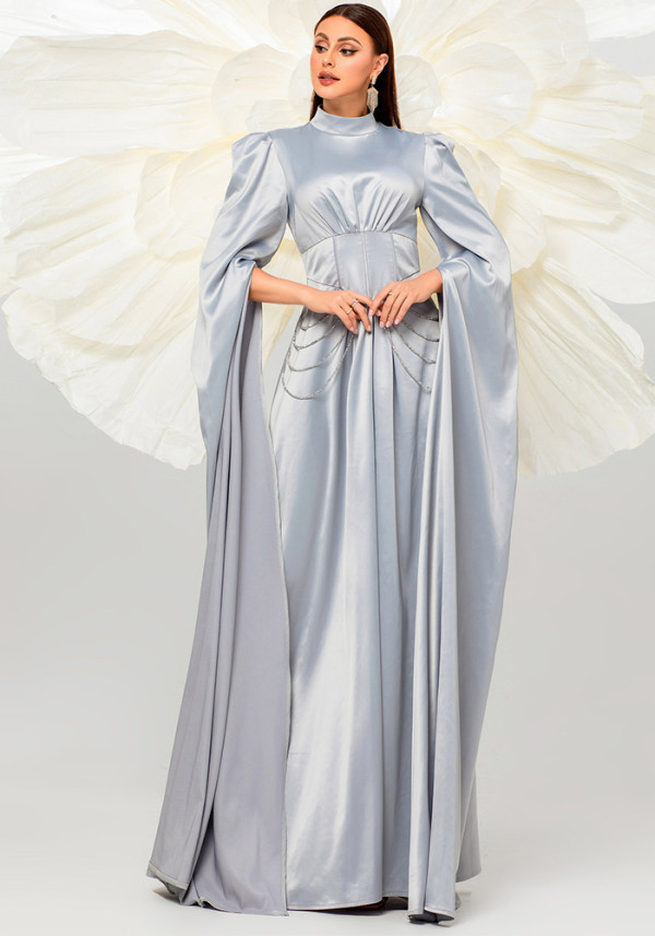 Women Long Sleeve Elegant Round Neck Long Formal Party Evening Dress