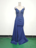 Women Beaded Flowered Fishbone Beaded Evening Dress