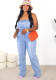 Women summer backless pocket washed denim jumpsuit