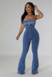 Women Casual Sexy Strapless Backless Adjustable Strap Denim Jumpsuit
