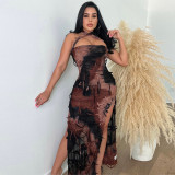 Women summer sleeveless backless split tie-dye dress