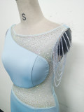 Women Beaded See-Through Mesh Split Evening Dress