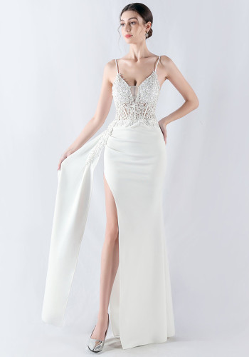 Women Beaded Flowered Fishbone Evening Dress