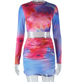 Women Printed Round Neck Long Sleeve Crop Top and Skirt Two Piece Set