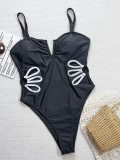 Women Solid Sexy V-neck Hollow One-piece Swimsuit