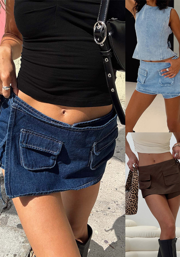 Women American Retro Pocket Tie Denim Pants Skirt
