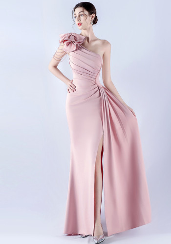 Women Beaded Flower Pleated Off-shoulder Split Evening Dress