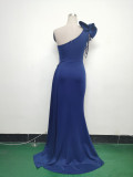 Women Beaded Flower Pleated Off-shoulder Split Evening Dress