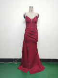 Women Beaded Flowered Fishbone Beaded Evening Dress
