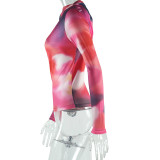 Women Printed Top Slash Shoulder Long Sleeve T-shirt