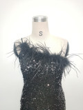 Women Ostrich Feather Beaded Evening Dress