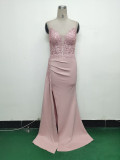 Women Beaded Flowered Fishbone Beaded Evening Dress