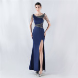 Women Beaded See-Through Mesh Split Evening Dress