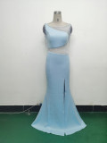 Women Beaded See-Through Mesh Split Evening Dress
