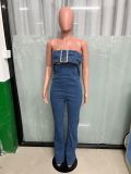 Women Casual Sexy Strapless Backless Adjustable Strap Denim Jumpsuit