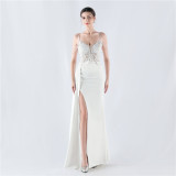 Women Beaded Flowered Fishbone Beaded Evening Dress