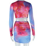 Women Printed Round Neck Long Sleeve Crop Top and Skirt Two Piece Set