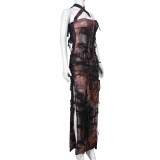 Women summer sleeveless backless split tie-dye dress