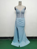 Women Beaded Flowered Fishbone Beaded Evening Dress