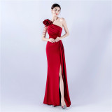 Women Beaded Flower Pleated Off-shoulder Split Evening Dress