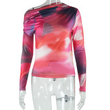 Women Printed Top Slash Shoulder Long Sleeve T-shirt