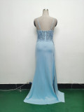 Women Beaded Flowered Fishbone Beaded Evening Dress