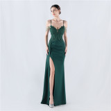 Women Beaded Flowered Fishbone Beaded Evening Dress