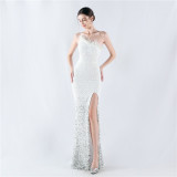 Women Ostrich Feather Beaded Evening Dress