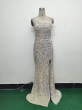 Women Ostrich Feather Beaded Evening Dress