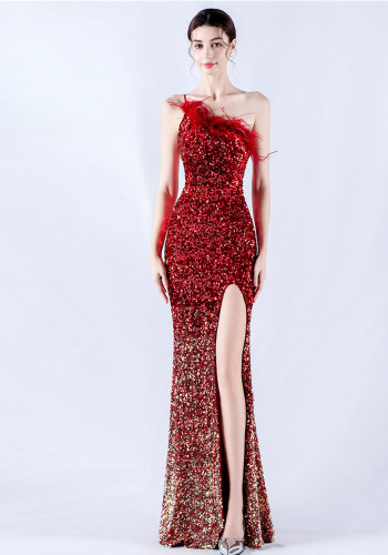 Women Ostrich Feather Beaded Evening Dress
