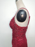 Women Beaded Flowered Fishbone Beaded Evening Dress