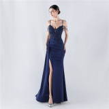 Women Beaded Flowered Fishbone Beaded Evening Dress