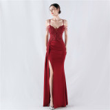 Women Beaded Flowered Fishbone Beaded Evening Dress