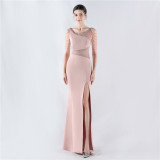 Women Beaded See-Through Mesh Split Evening Dress