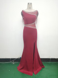 Women Beaded See-Through Mesh Split Evening Dress