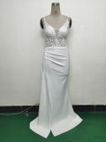 Women Beaded Flowered Fishbone Beaded Evening Dress
