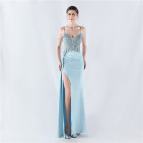 Women Beaded Flowered Fishbone Beaded Evening Dress