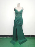 Women Beaded Flowered Fishbone Beaded Evening Dress