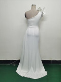 Women Beaded Flower Pleated Off-shoulder Split Evening Dress