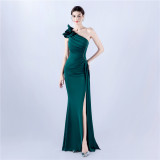 Elegant Flower Slash Shoulder Slit Evening Dress